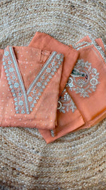 Premium tissue zari weaved unstitched suit set in peach
