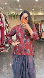Designer cowl skirt paired with Mul silk red shirt in red