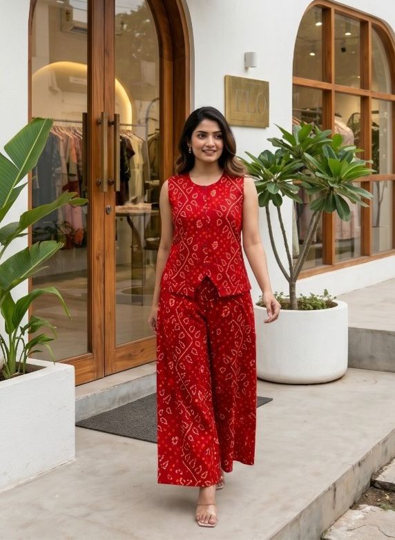 Premium cotton bandhani print red co ord
