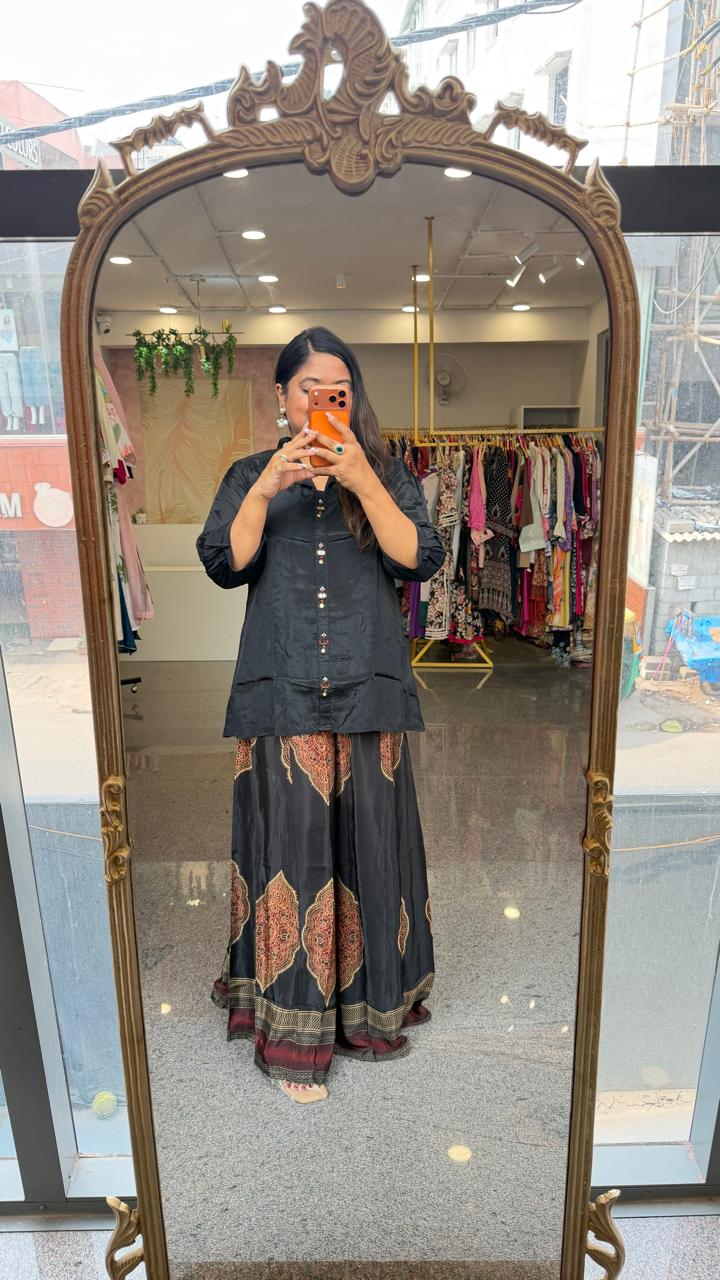 Pure crepe designer mirror buttons shirt and plazzo pants