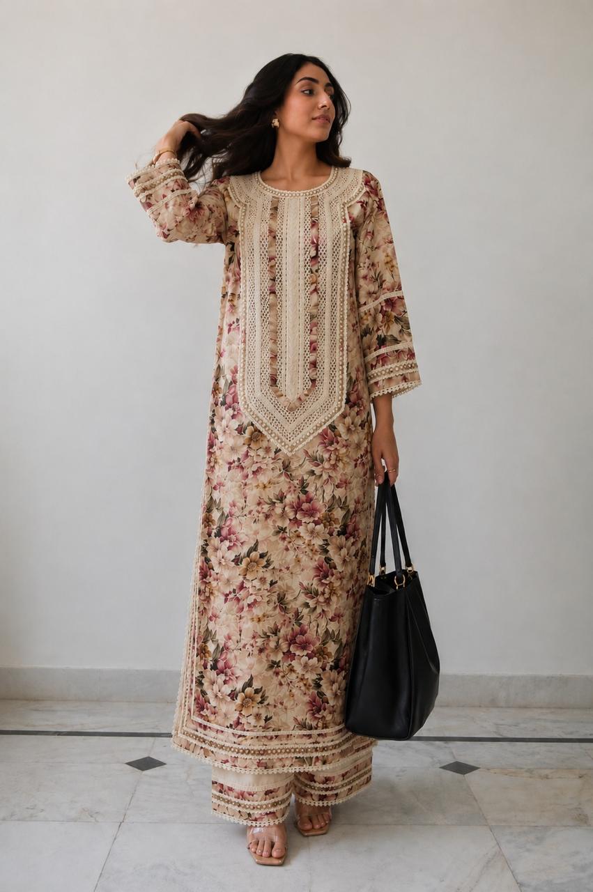 Cotton digital with lining premium jute lace work co ord with detailing on pant too in cream
