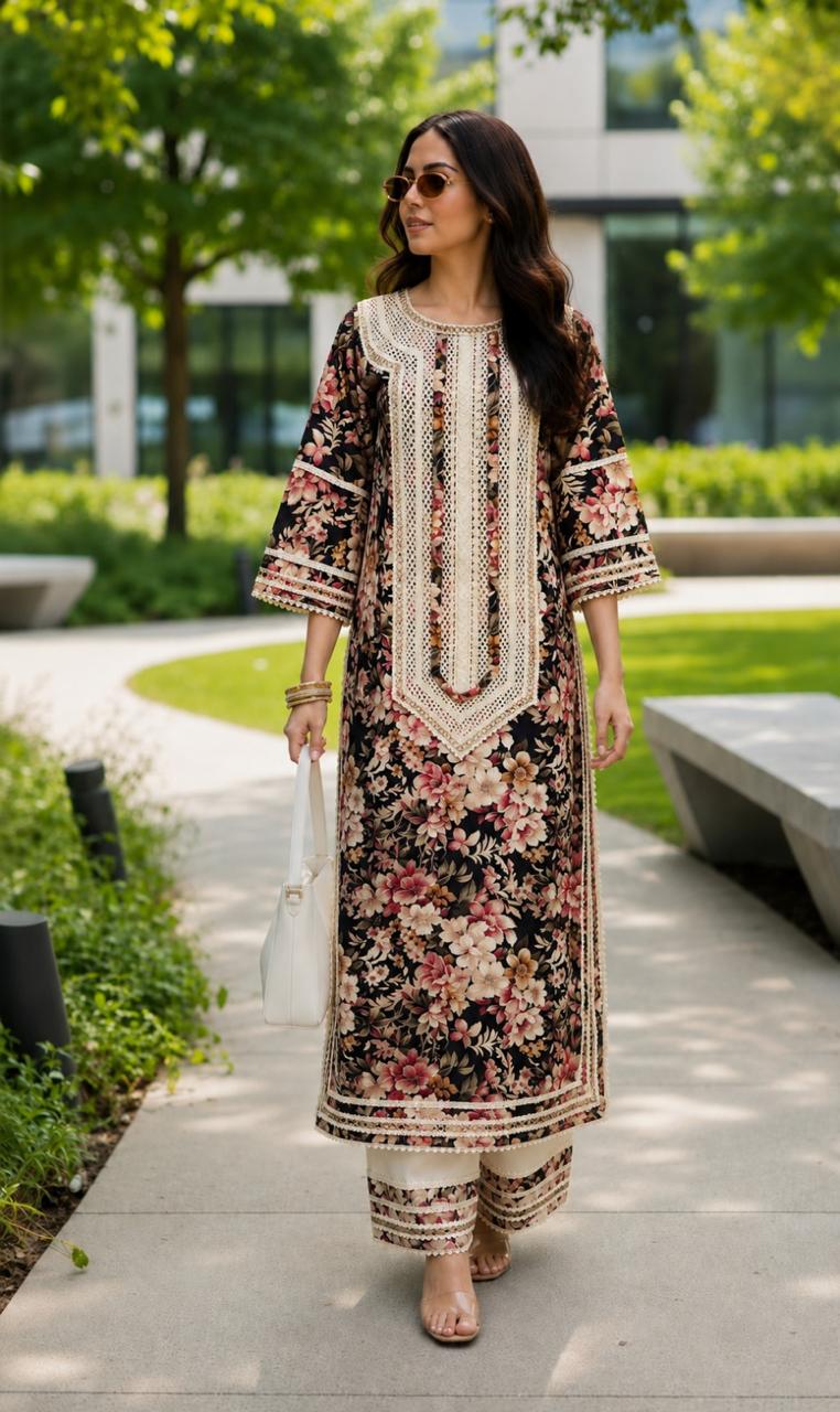 Cotton digital with lining premium jute lace work co ord with detailing on pant too in Black