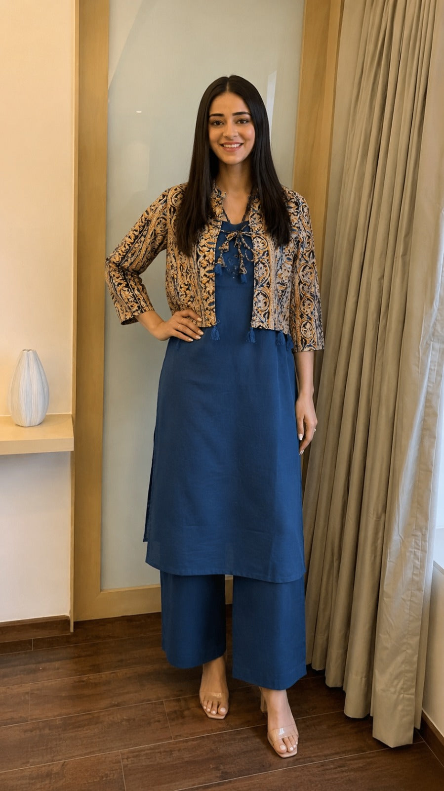 Kalamkari shrug with plazzo pant with mirror work on kurta in blue