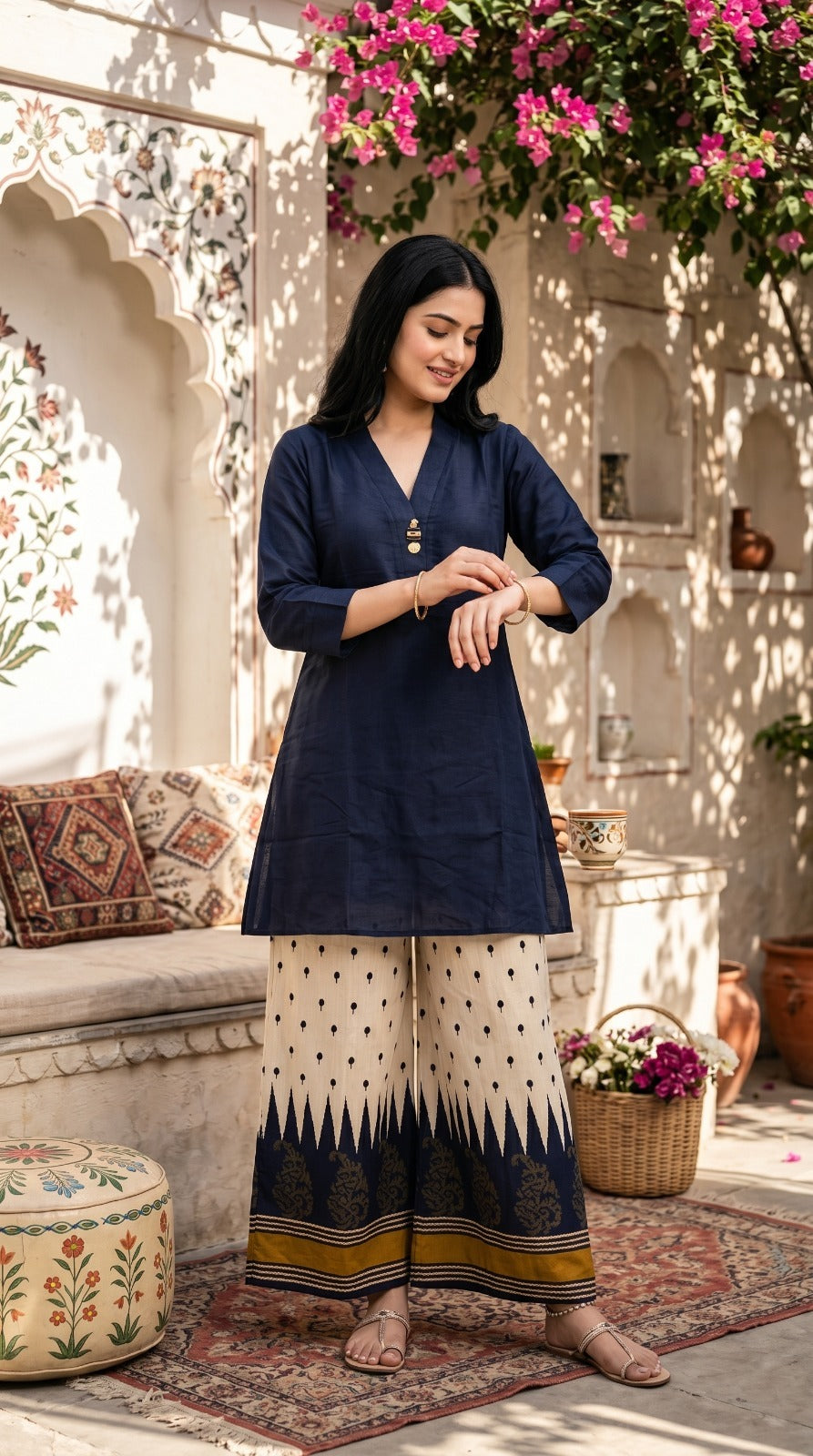 Designer silk co ord set in blue and white