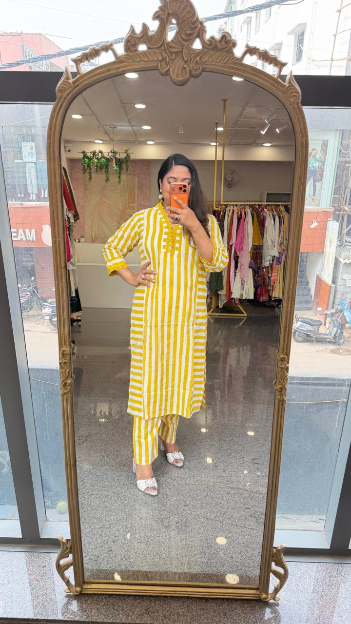 Super pretty cotton lace detailing striped Kurta pant in yellow