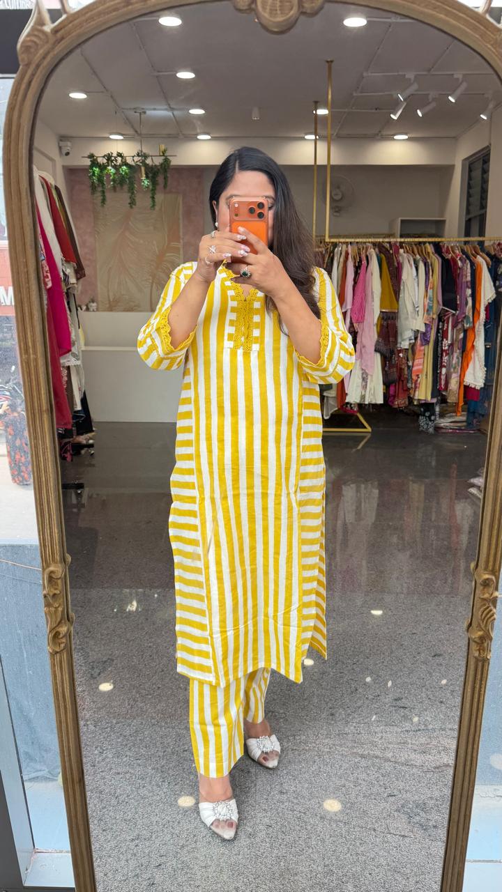 Super pretty cotton lace detailing striped Kurta pant in yellow
