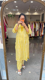 Super pretty cotton lace detailing striped Kurta pant in yellow
