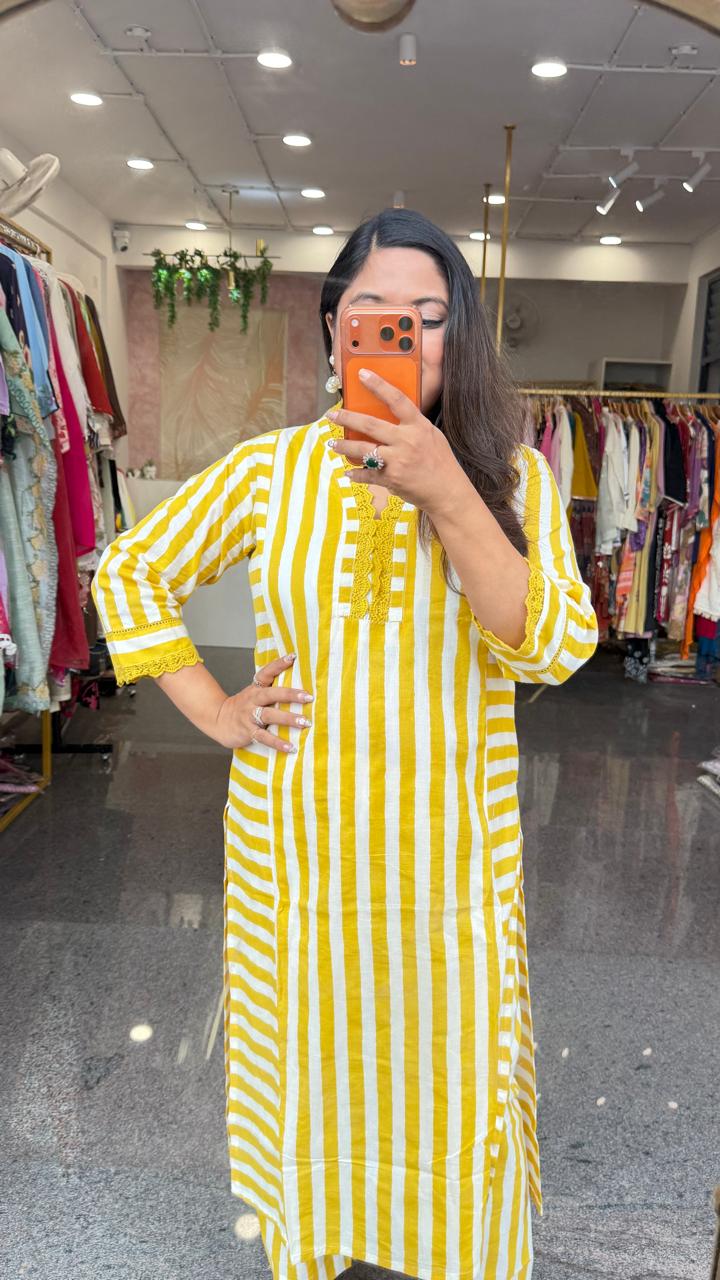 Super pretty cotton lace detailing striped Kurta pant in yellow