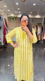 Super pretty cotton lace detailing striped Kurta pant in yellow