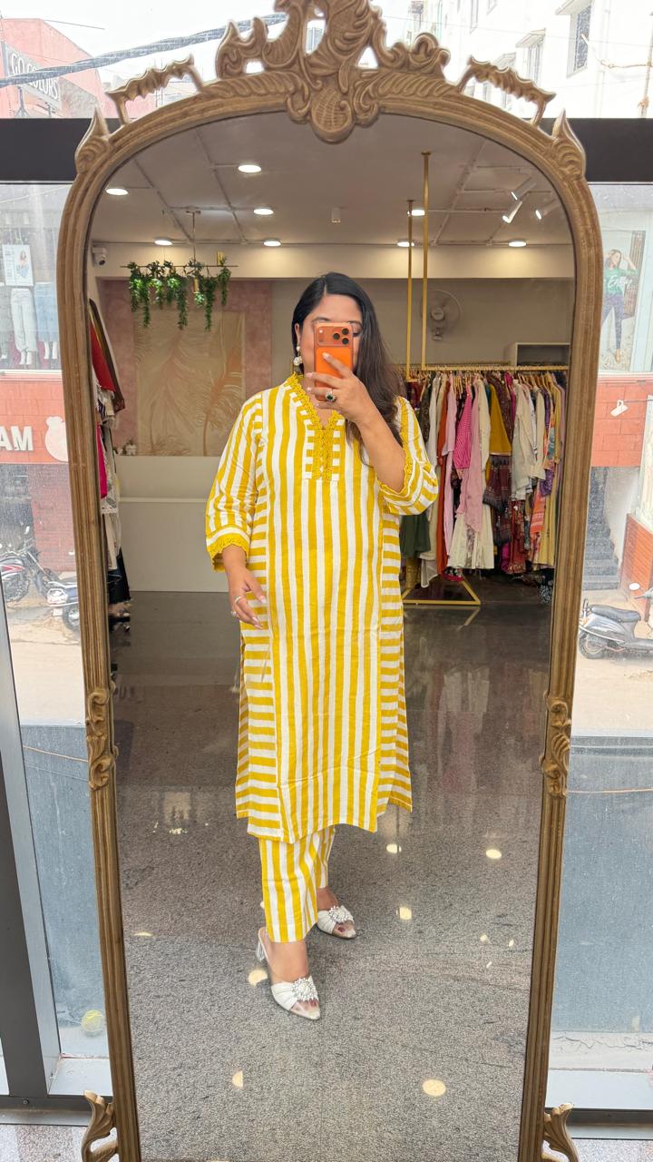 Super pretty cotton lace detailing striped Kurta pant in yellow