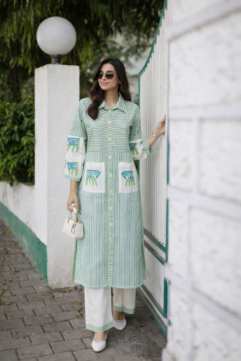 Smart cotton Co ord in green in stripesKurta pant