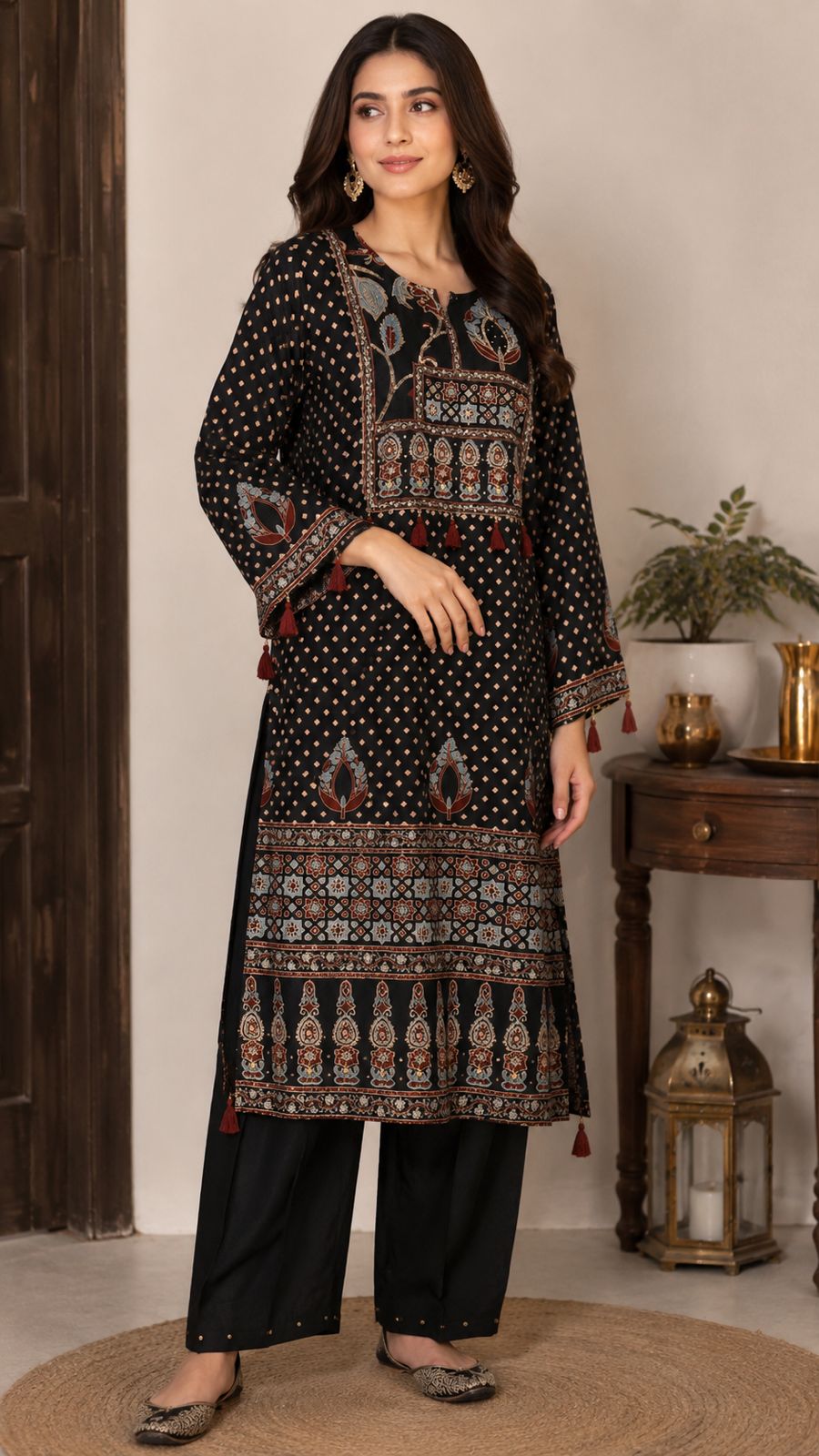 Pure crepe ajrakh kurta pant