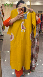 Super smart applique work with designer pockets suit in yellow paired Kalamkari dupatta