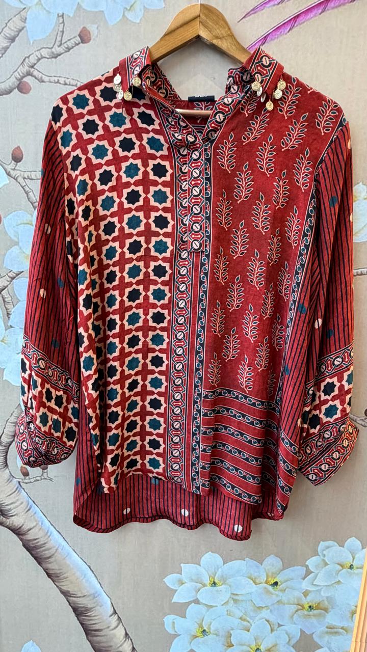 Pure crepe designer shirt in red