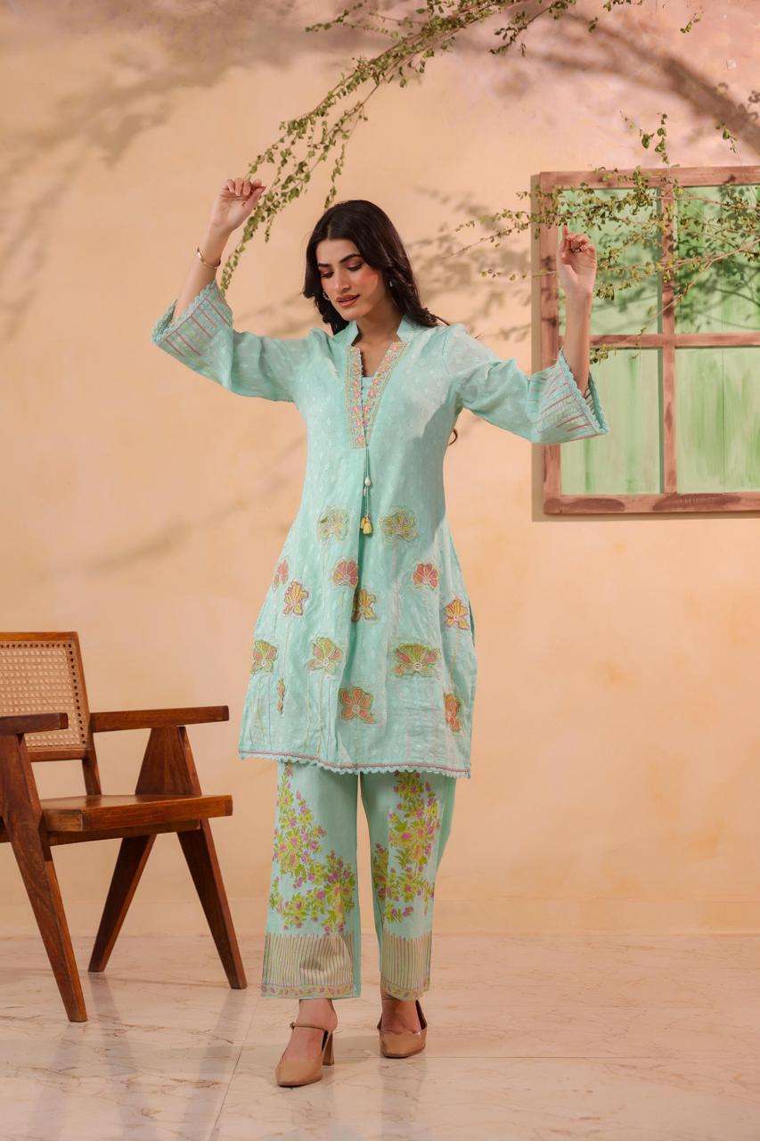 Super pretty cotton with applique work and digital printed pant