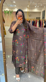 Linen chanderi with pretty floral githan work full suit set