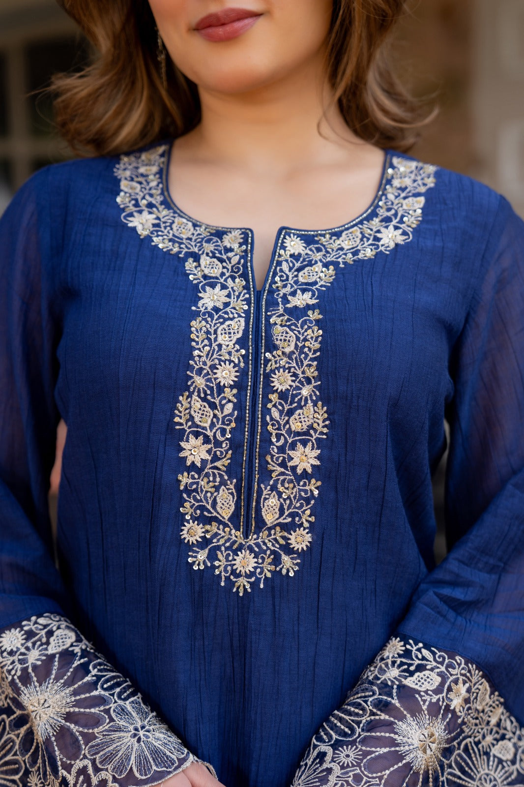 Super elegant crush cotton lining suit set in blue