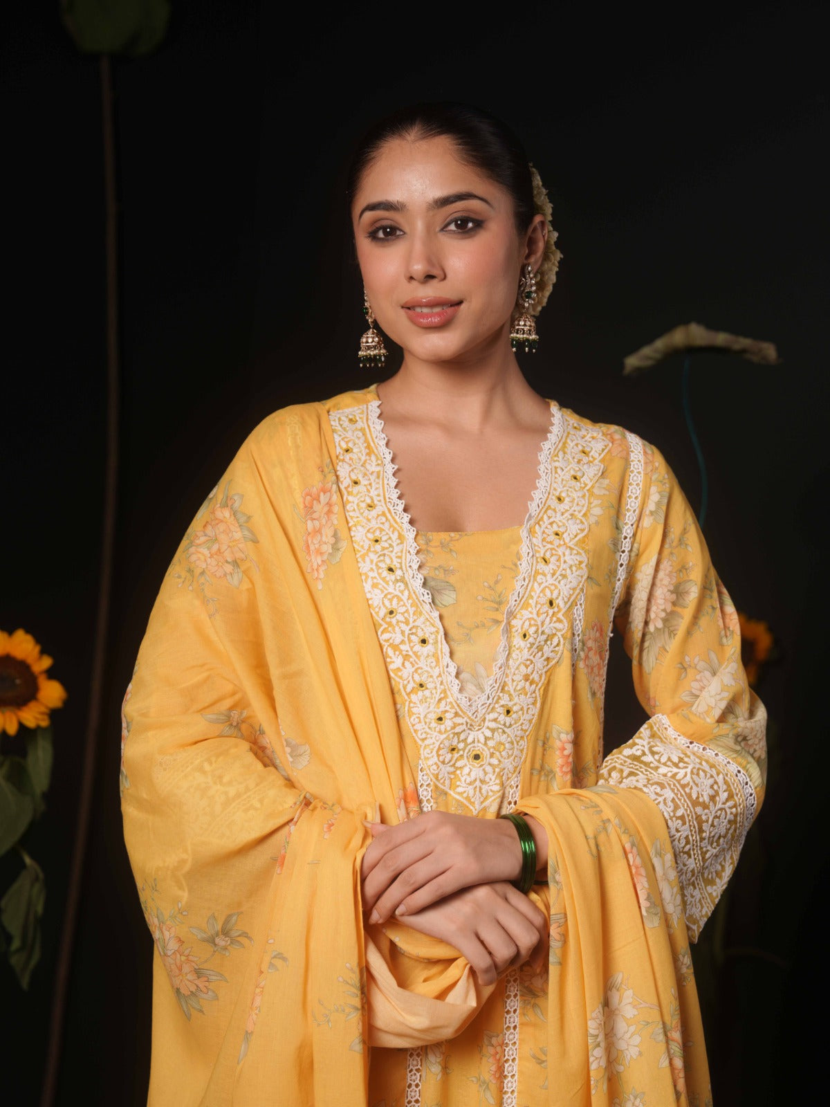 Super soft lace detailing yellow Mul cotton Anarkali suit set in yellow
