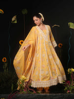Super soft lace detailing yellow Mul cotton Anarkali suit set in yellow