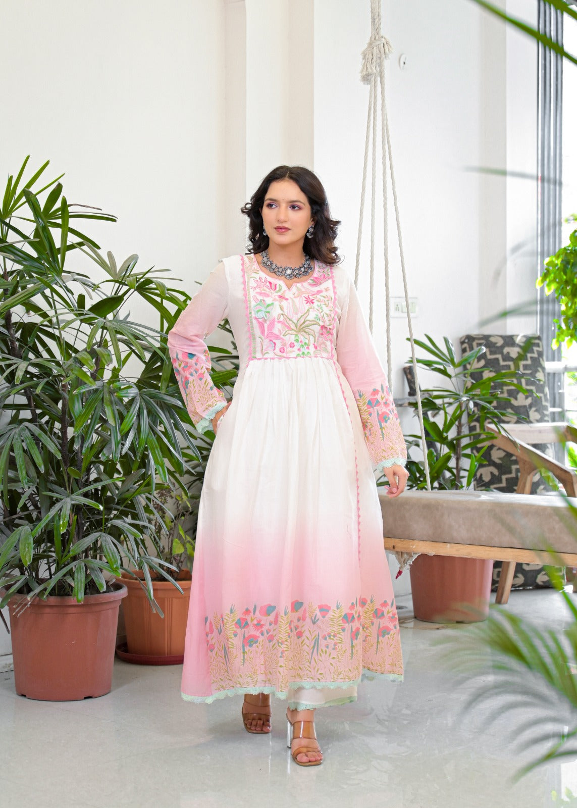 Super soft Mul cotton embroidered ombré Anarkali suit set in pink