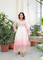 Super soft Mul cotton embroidered ombré Anarkali suit set in pink