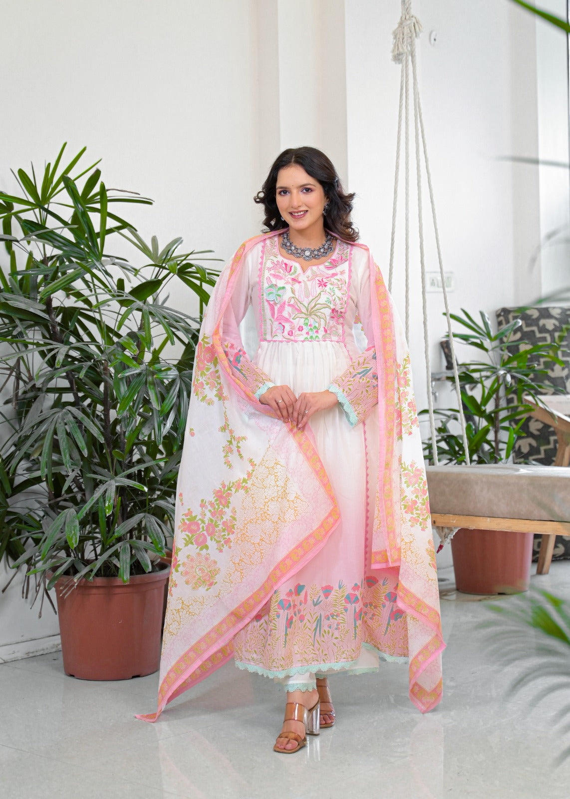 Super soft Mul cotton embroidered ombré Anarkali suit set in pink
