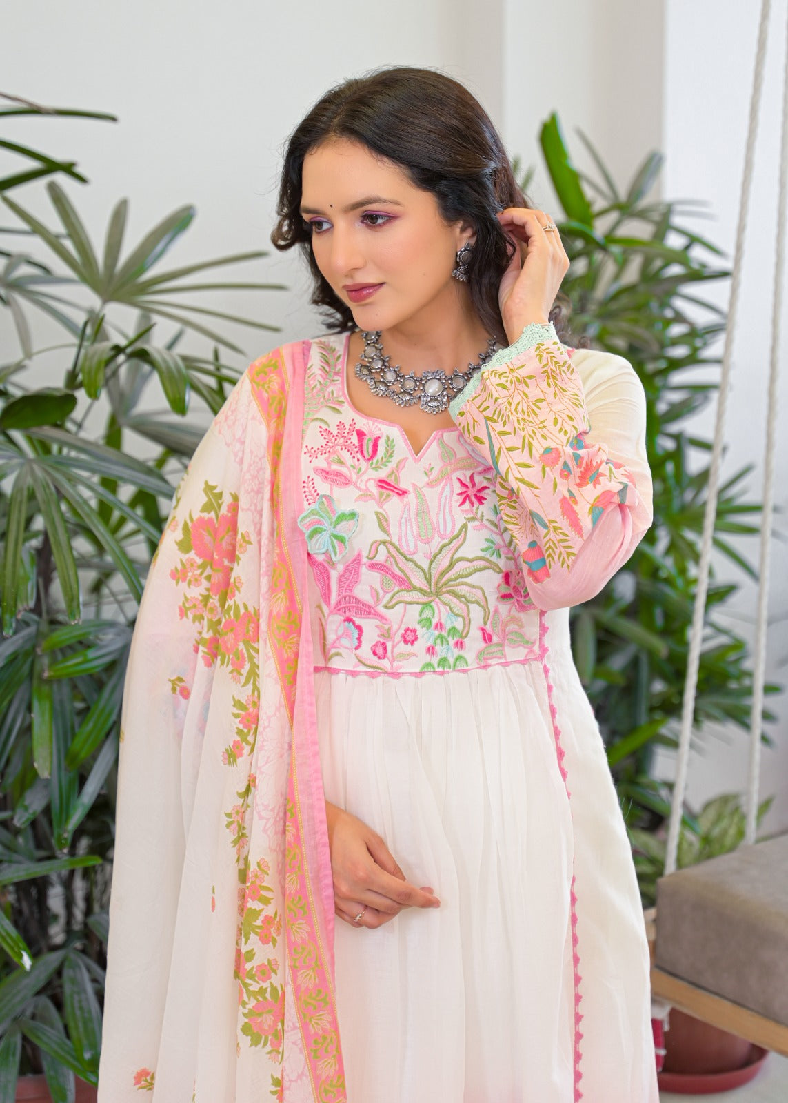 Super soft Mul cotton embroidered ombré Anarkali suit set in pink