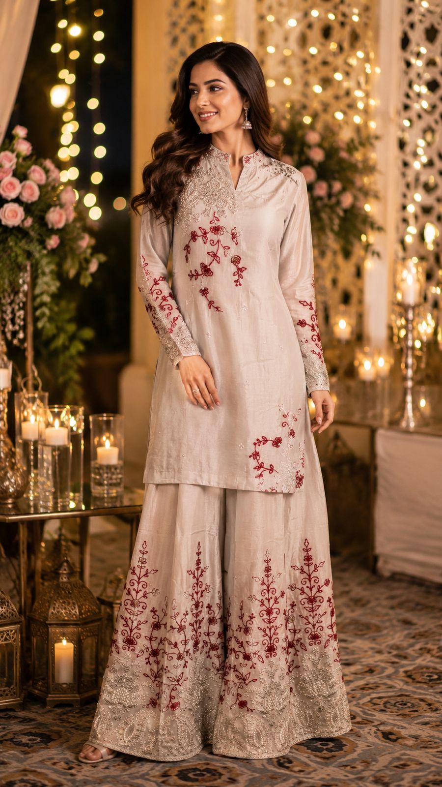 Heavy chinon plazzo co ord set with intricate embroidery