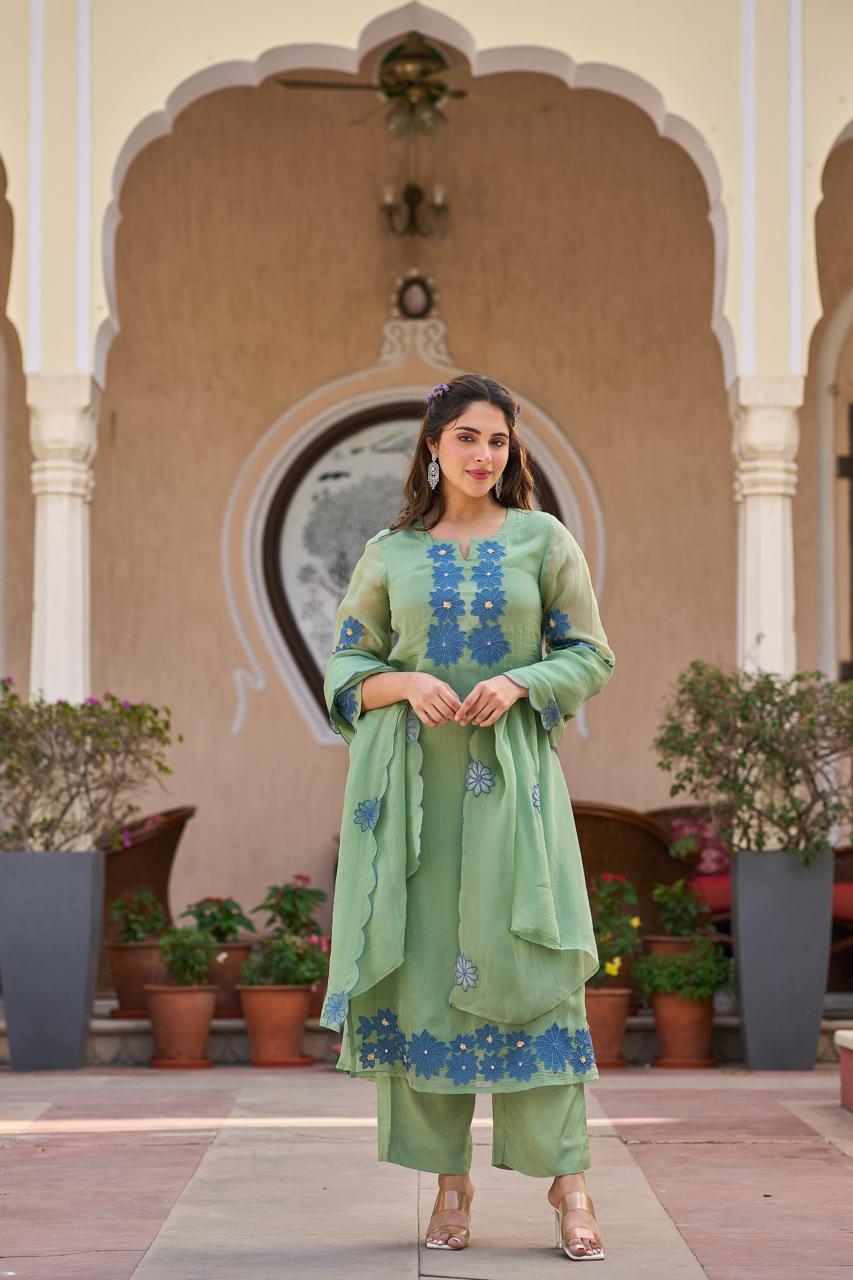 Pretty organza applique work full suit set (slim fit)