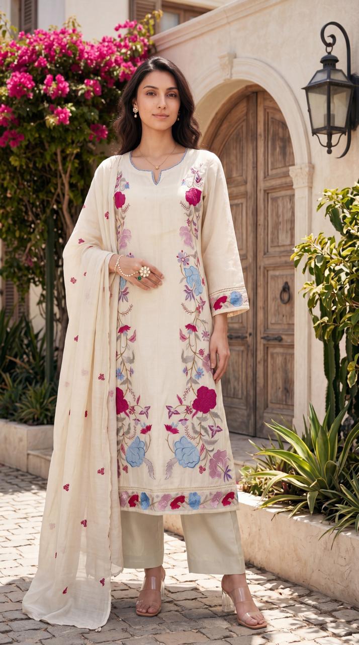 Mul cotton applique work full suit set
