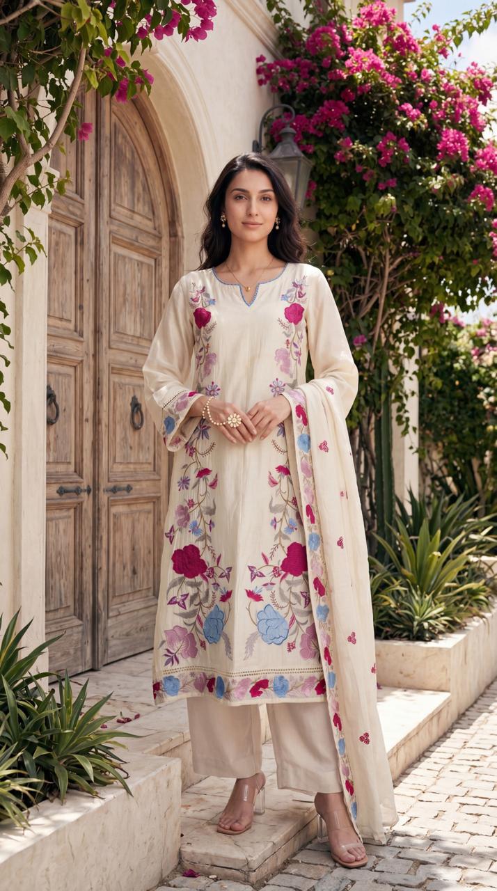 Mul cotton applique work full suit set
