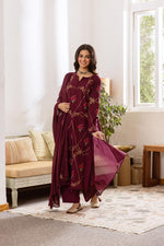 Pretty wine fully embroidered suit set