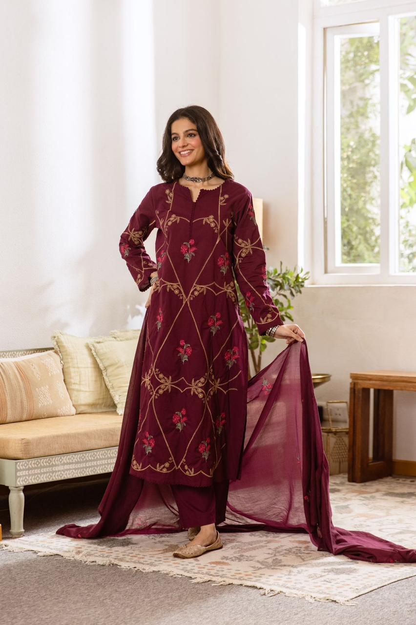 Pretty wine fully embroidered suit set