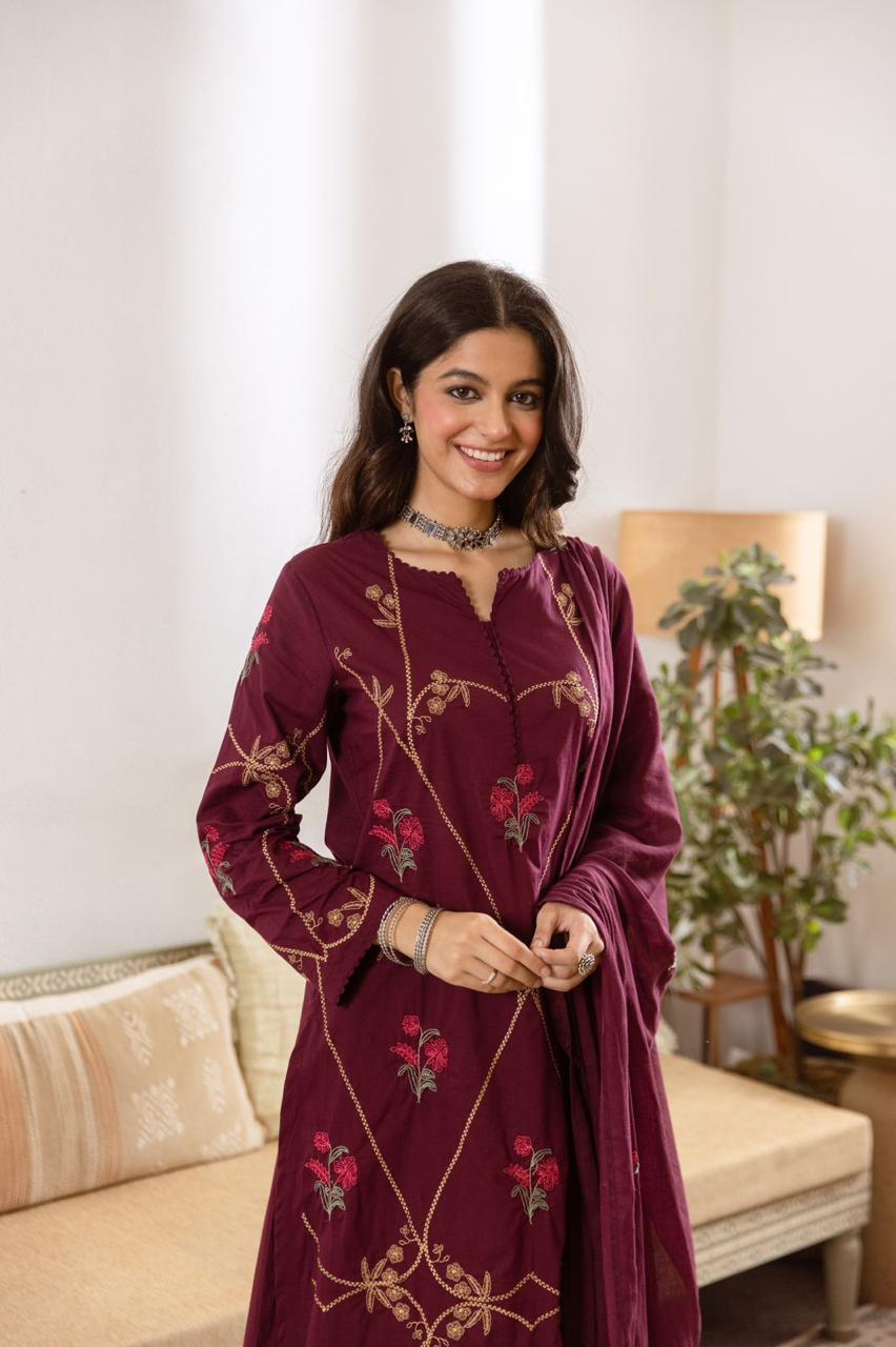 Pretty wine fully embroidered suit set