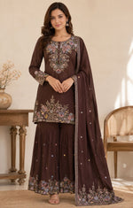 Pretty chinon embroidery sharara set in brown