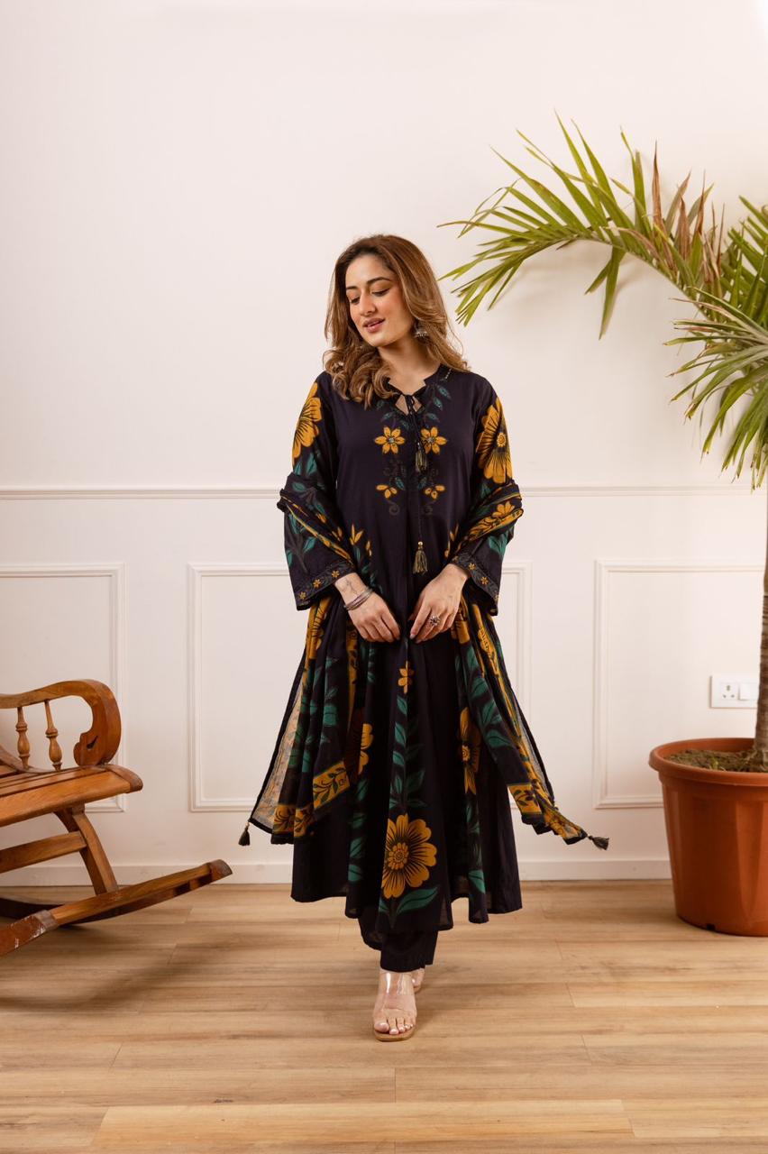 Restocked on high demand ! Heavy cotton slub with designer neck suit set