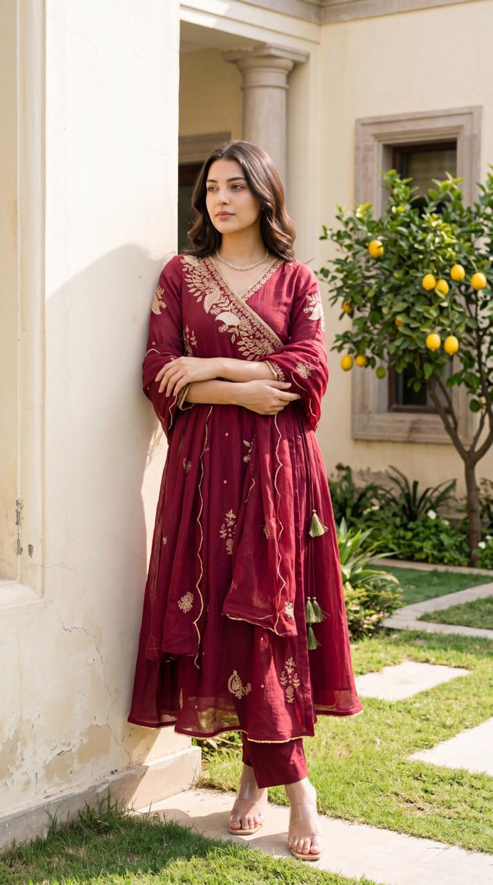 Crush Mul chanderi with lining and zari embroidered full suit set