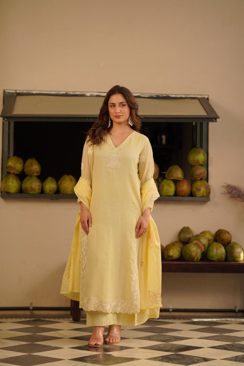 Embroidered crush cotton in yellowFull suit set
