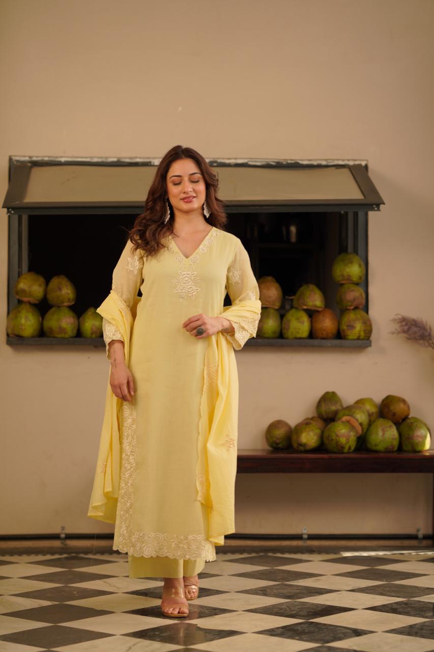 Embroidered crush cotton in yellowFull suit set