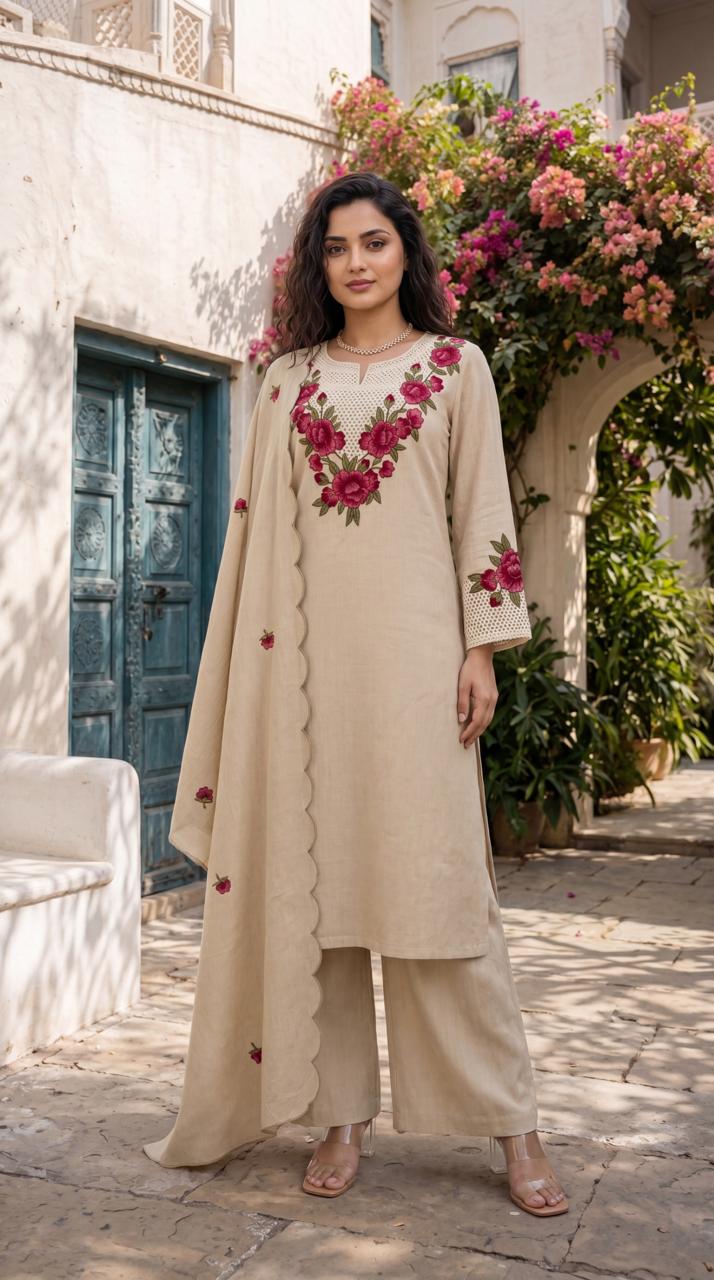 Smart crush cotton applique work suit set