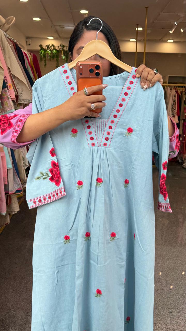 Pretty cotton fully embroidered kurta pant in blue