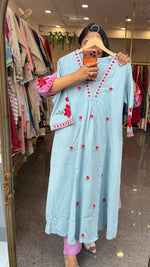 Pretty cotton fully embroidered kurta pant in blue