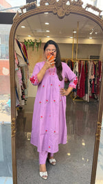 Pretty cotton fully embroidered kurta pant in purple