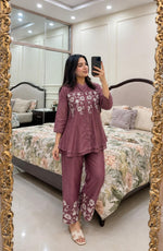 Designer embroidered Mul chanderi co ord set in onion pink