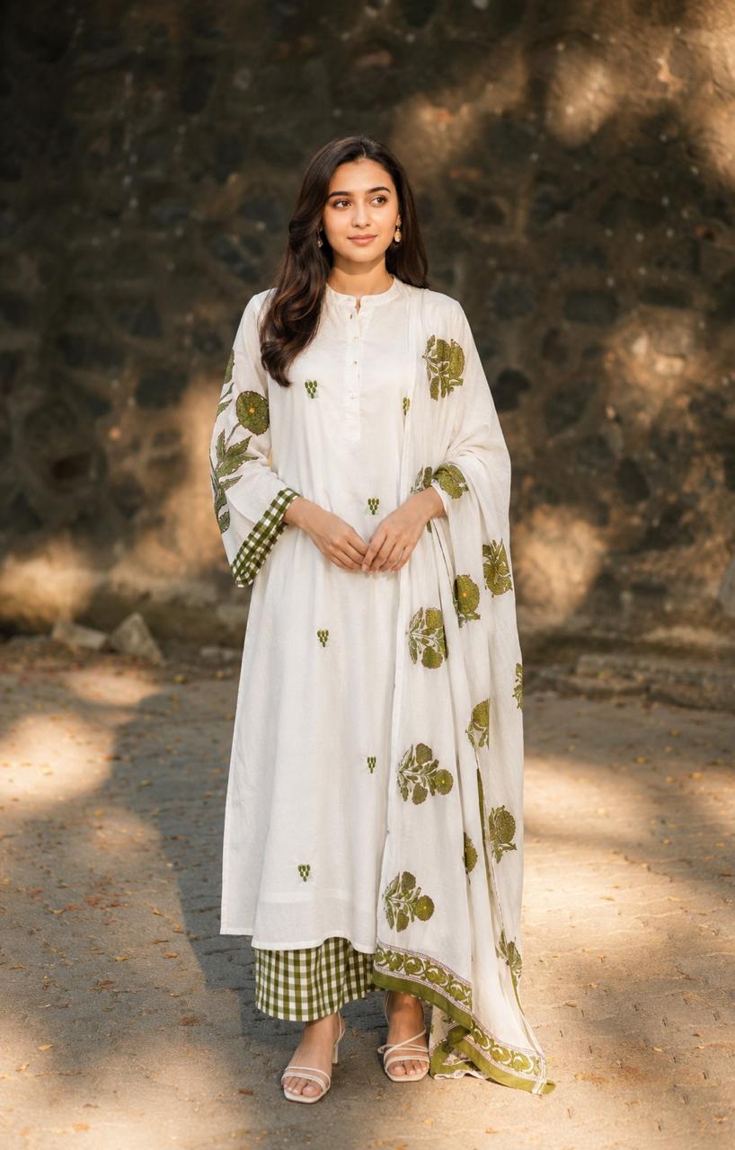 Premium cotton block print paired with chequered pant in green