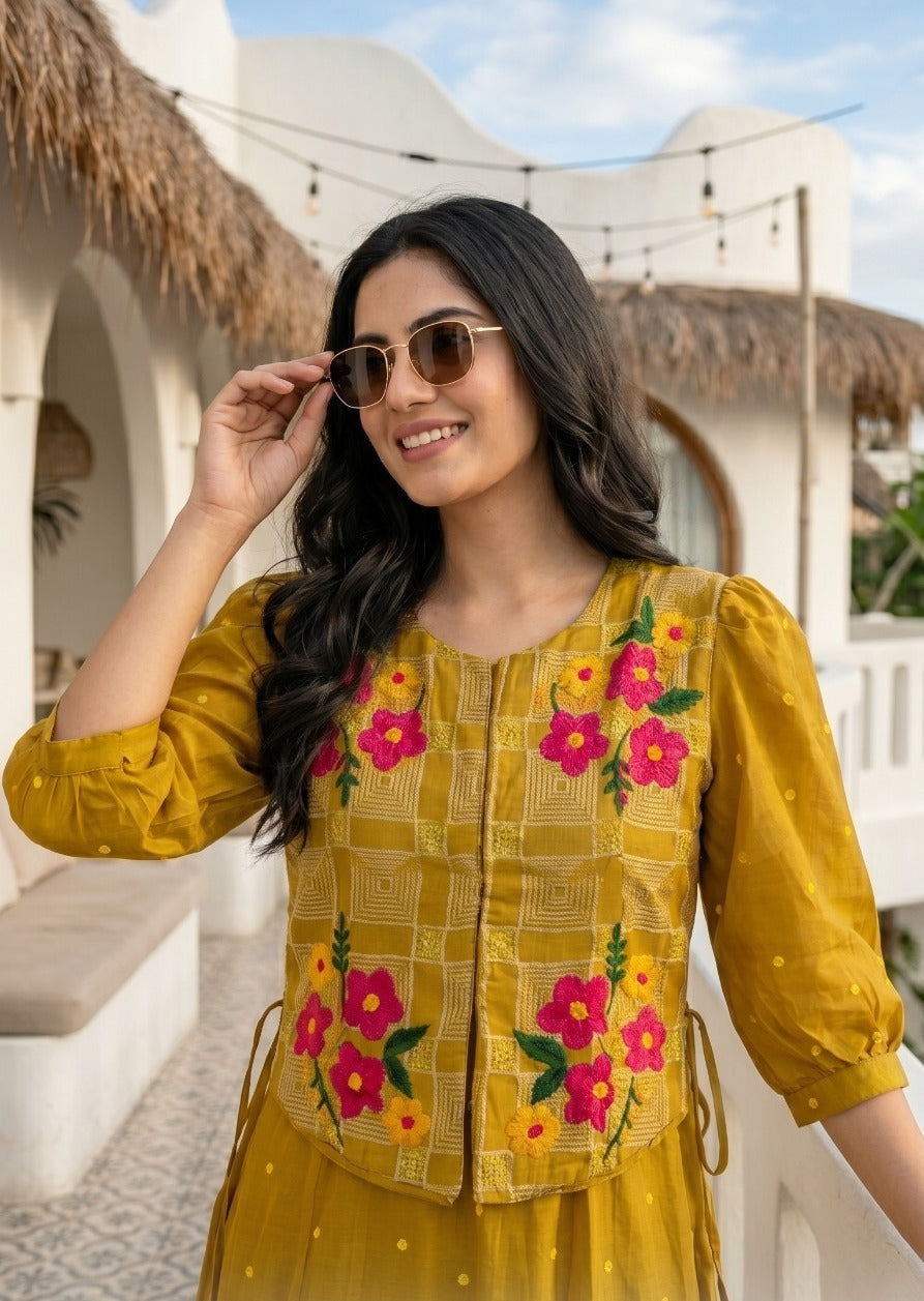 Mul chanderi with attached jacket co ord set in yellow