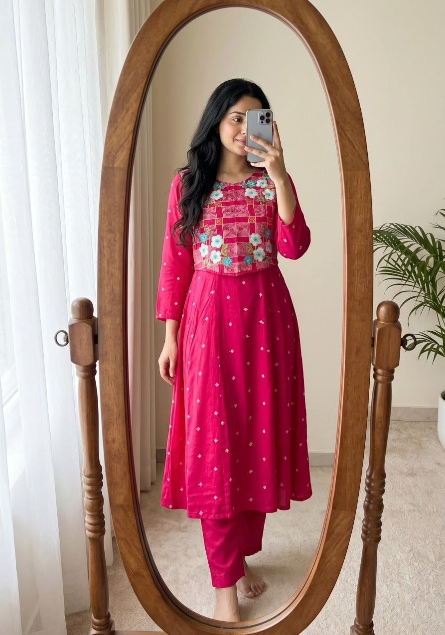 Mul chanderi with attached jacket co ord set in Rani pink