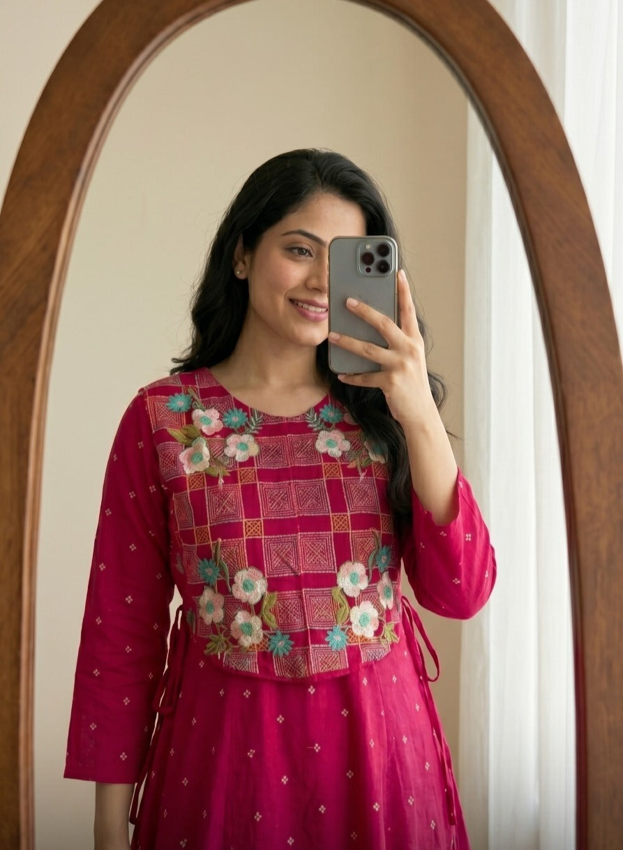 Mul chanderi with attached jacket co ord set in Rani pink