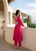 Mul chanderi with attached jacket co ord set in Rani pink