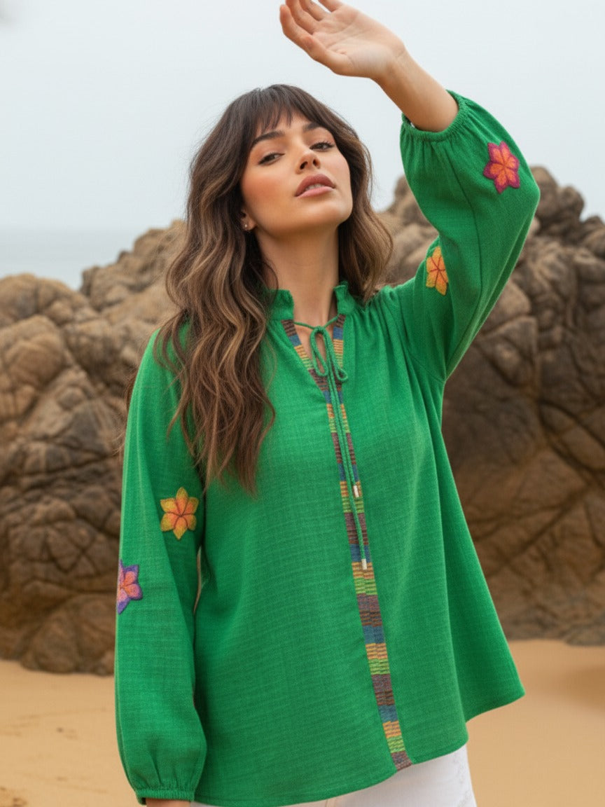 Super soft embroidered cotton top in green